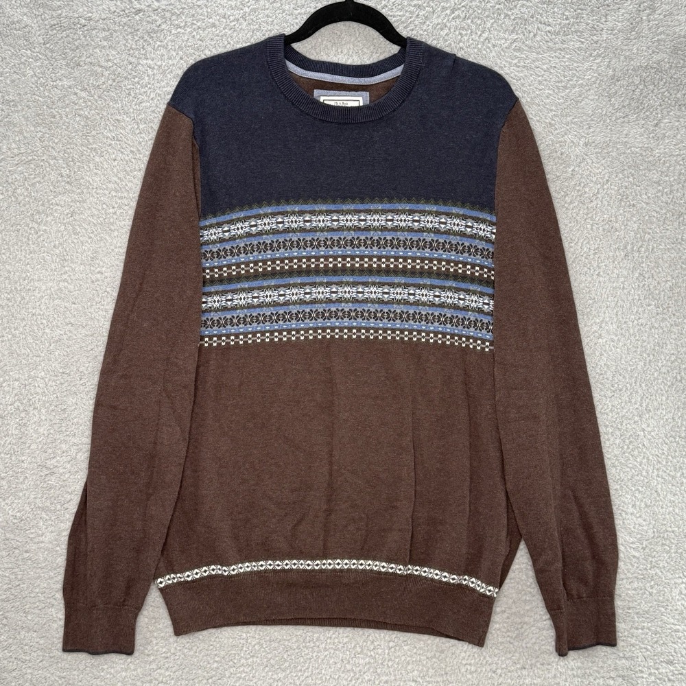Jos A Bank 1905 Slim Fit Cotton Fair Isle Sweater Mens XL Brown Blue Crewneck